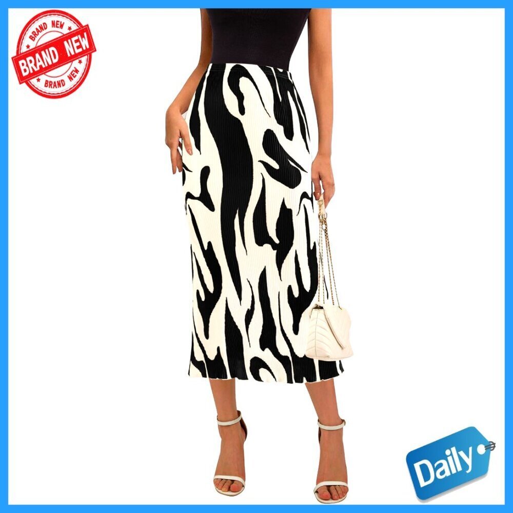 High Waist Pleated Midi Skirt, Stretch Fabric, A-Line Flare, Elastic Waistband